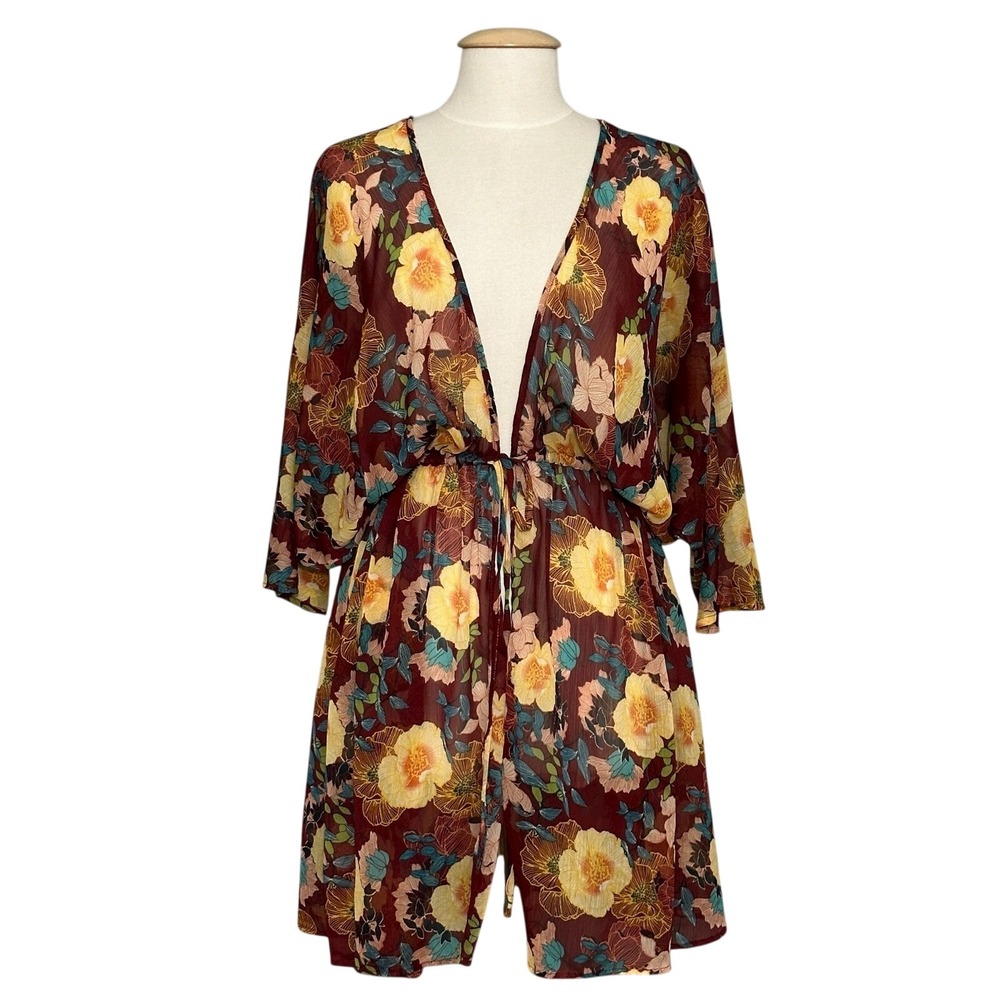 Liberty Love Women Kimono Top M Burgundy Floral Sheer Boho Chic Festival Cover
